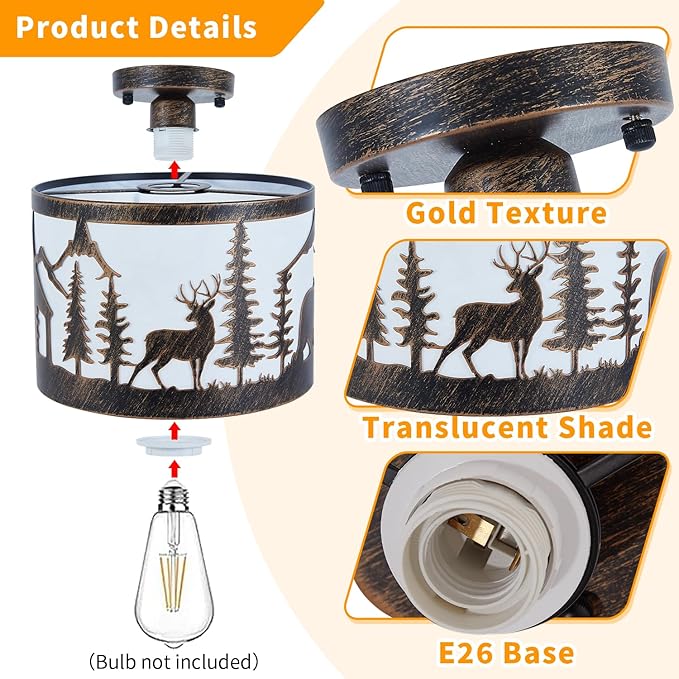 Rustic Semi Flush Mount Ceiling Light with Shade, Black Metal Farmhouse Fixture with Deer and Bear Silhouettes, Wildlife Forest Theme for Cabin, Kitchen, Living Room - E26 Base (9.1" Round)