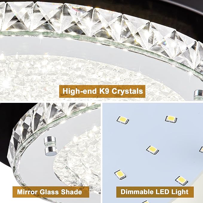Crystal Flush Mount Ceiling Light Small LED Ceiling Light 10 Inch Round Hallway Lighting Black Modern Bathroom Light Fixtures for Entryway Laundry Room Foyer Mini Closet Ceiling Light