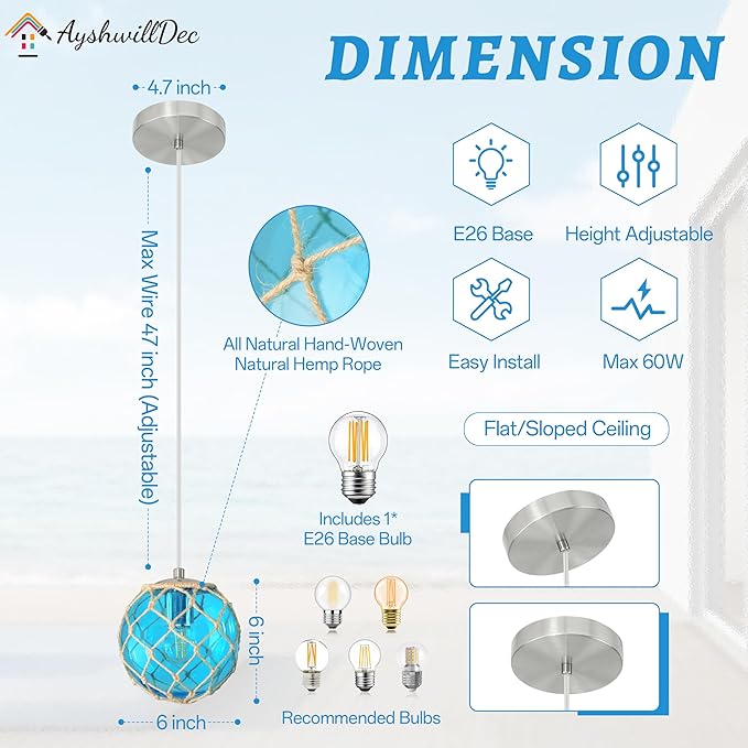 6" Blue Coastal Pendant Light Kitchen Island,Glass Globe Ocean Ceiling Light Fixture Beach House,Dimmable Hemp Rope Light Fixture Hanging For Bathroom Living Room Farmhouse Entry Bedroom(Bulb Incl.
