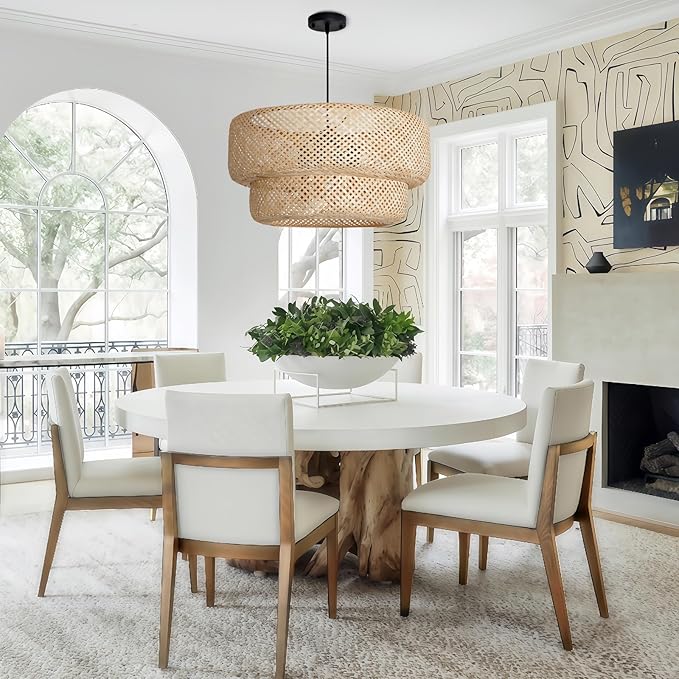 23.62" Bamboo Pendant Light,Boho Rattan Hanging Light,Hand Woven Wicker Chandelier for Kitchen Island for Kitchen Island Dining Bedroom Living Room Restaurants