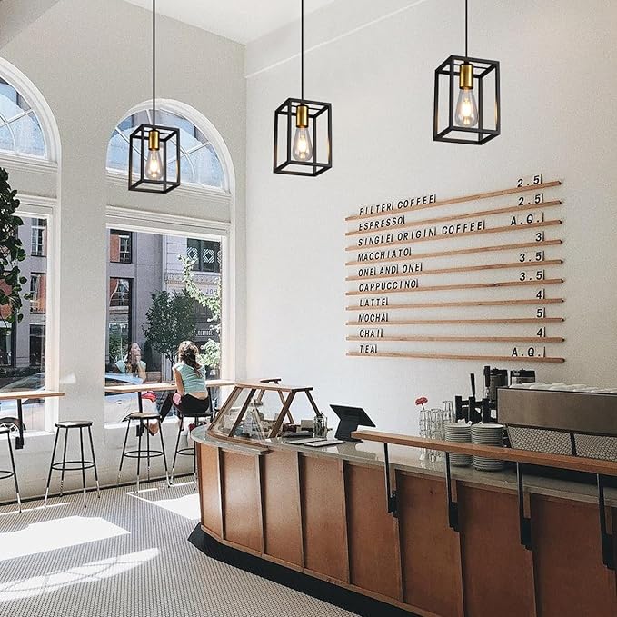 Black Pendant Lights for Kitchen Island Industrial Lantern Pendant Light Fixtures with Golden lamp Cup, Farmhouse Adjustable Height Hanging Pendant Lighting
