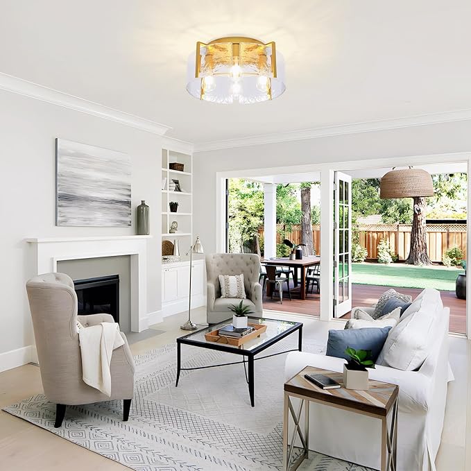 Modern 4-Light Gold Semi Flush Mount Ceiling Light, with Hammered Glass Shade, Round Hallway Lighting Fixtures for Kitchen Entryway,Bedroom,Dining Room,Living Room