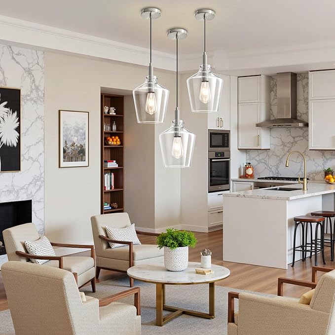 Modern Glass Pendant Light for Kitchen Island 2 Pack, Farmhouse Nickel Pendant Light Fixtures, Adjustable Hanging Ceiling Light Angled Clear Glass Shades 8 Inch