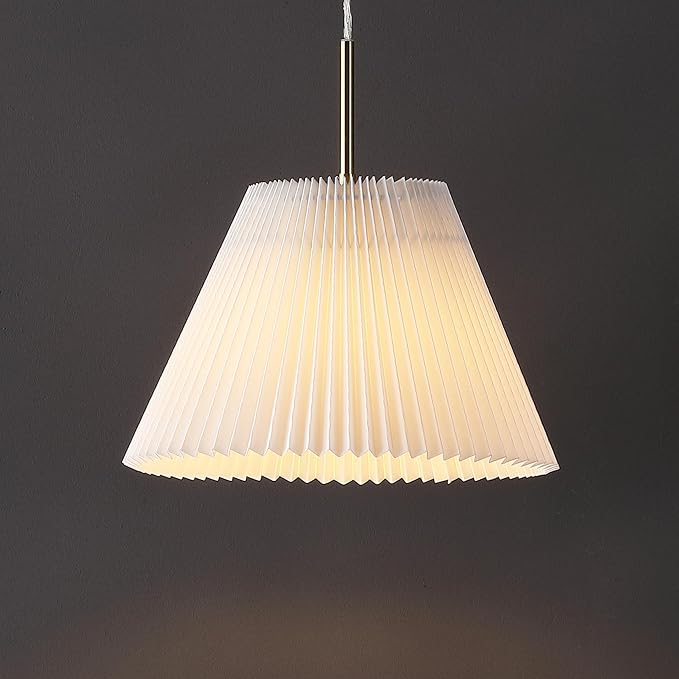 JONATHAN Y 14.25" Brass Gold 1-Light Iron Pendant Light, Classic French Country with White Pleated Shade, Adjustable Height Vintage Shabby Chic Style, LED Bulb Included JYL2407A