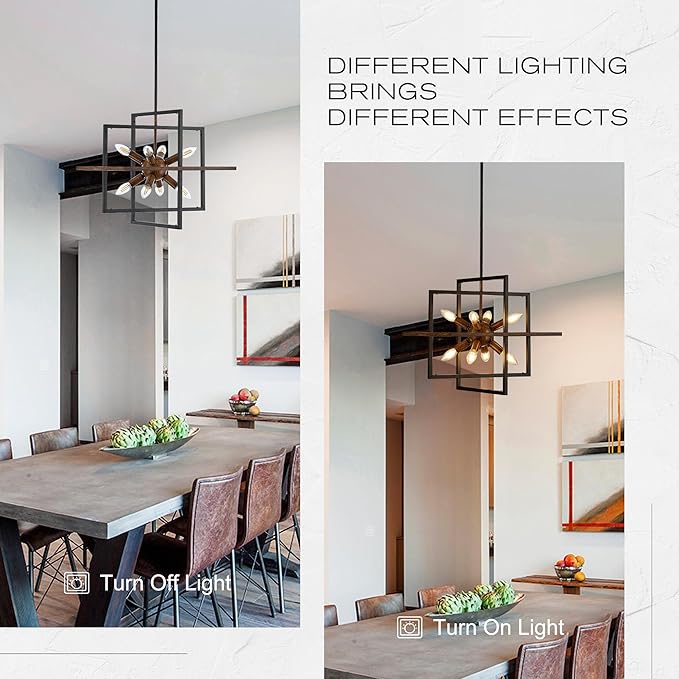 8-Light Farmhouse Sputnik Wood Pendant Light, 18.9'' Vintage Rustic Brown Wood Chandeliers,Retro Industrial Hanging Light Fixtures for Dining Room