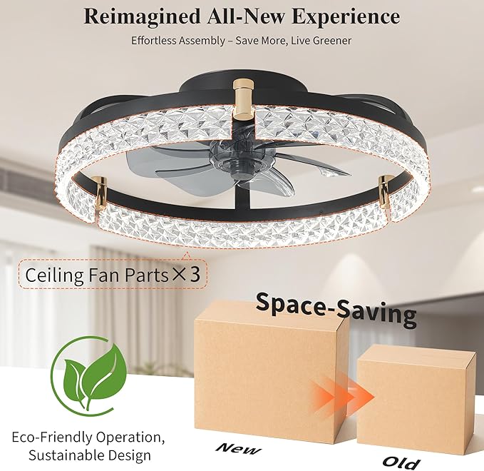 DIAMONDFORGE Ceiling Fans with Lights and Remote Fandelier - Low Profile Modern - 20'' Flush Mount Ceiling Fans for Bedroom,Stepless Color Temperature and 6 Speeds- Black and Crystal