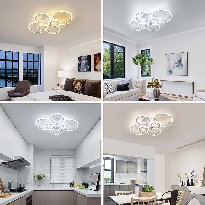 DELIPOP Modern Ceiling Light, 31.8'' Dimmable LED Ceiling Lights with Remote, White 6 Rings Flush Mount Ceiling Light for Kitchen, Bedroom, Living Room, Dining Room