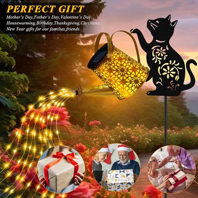 Solar Lights Outdoor Decorative, Watering Can with Cascading Lights, with Cat Silhouette Garden Stakes, Waterproof Metal Garden Decor for Yard Art, Outside, Patio, Lawn 2PACK