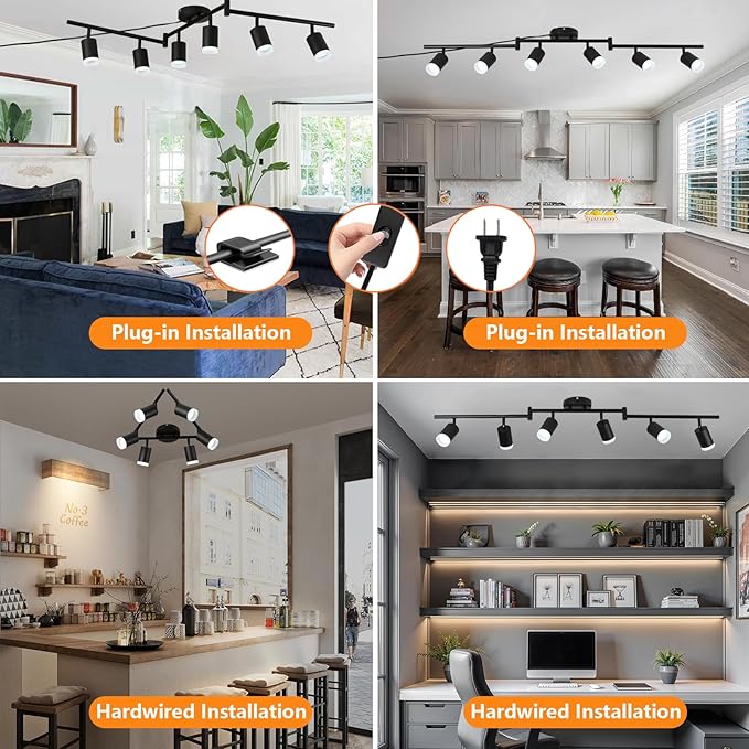 Plug in Track Lighting Kit, 120cm LED 6 Light Kitchen Track Lighting Corded Wall Light with 16.4ft Cord 6 Way Ceiling Spot Lighting Flexibly Rotatable Head Includes 6xGU10 Bulb (6 Black-Acrylic-120cm)