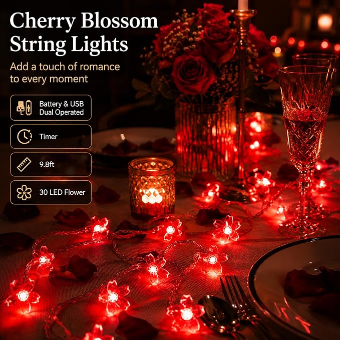 Battery & USB Operated 10ft Red Cherry Blossom Flower Fairy Lights String | Cute Flower String Lights With Timer For Bedroom, Party, Wedding, Christmas, Easter Tree Branch Hanging Romantic Decorations
