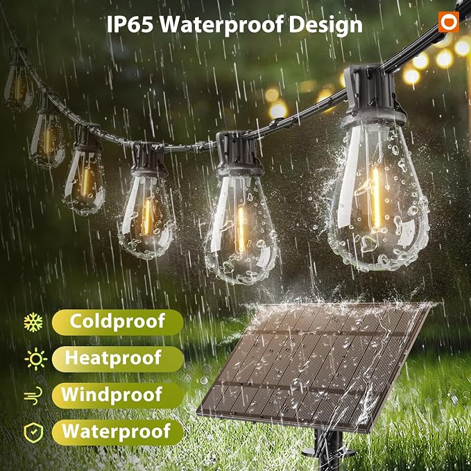 addlon 102FT(96FT+6) Solar String Lights Outdoor Waterproof with USB Port & Remote Control Solar Patio Lights for Outside Solar Powered with 34 LED Dimmable Bulbs for Porch Garden Deck Halloween