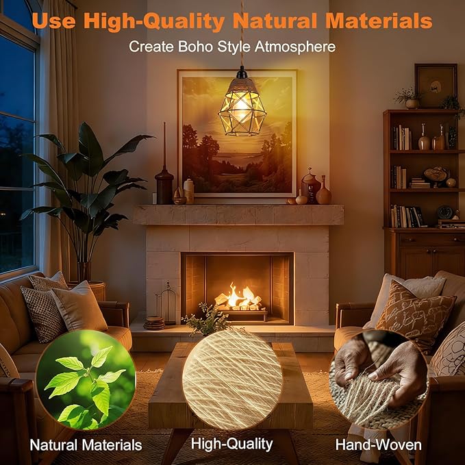 Industrial 15ft Pendant Lights - Hanging Light Kit with Switch Plug in Vintage Fabric Lamp with Twisted Hemp Rope Pendant Lights Socket E26 E27 for Pendant Lamp (Hemp Rope Brown, 7-Fishnet Shade)