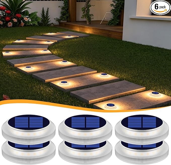 Honalia Solar Deck Lights Outdoor, 6 Pack Warm White Solar Powered Driveway Lights, Waterproof Stick on Solar Dock Lights for Stair, Patio, Pathway, Yard, Walkway, Sidewalk, Step