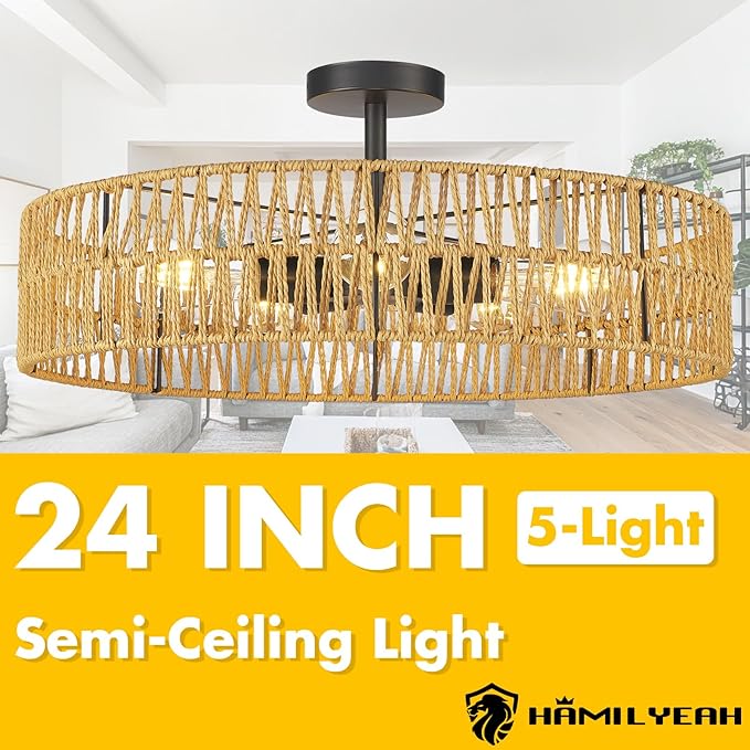 Hamilyeah 24 inch Rattan Boho Flush Mount Ceiling Light Fixture with 5 Light,Woven Light Fixtures Ceiling Mount for Living Room, Bedroom, Kitchen
