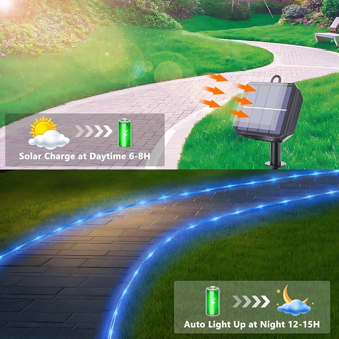 Jnaurb Solar Rope Lights, 2 Pack Total 66ft 200LED Solar String Lights, 8 Modes Waterproof Solar Outdoor Light, Flexible Clear Trampoline Light for Garden Yard Patio Deck Porch Pool Tree Decor - Blue