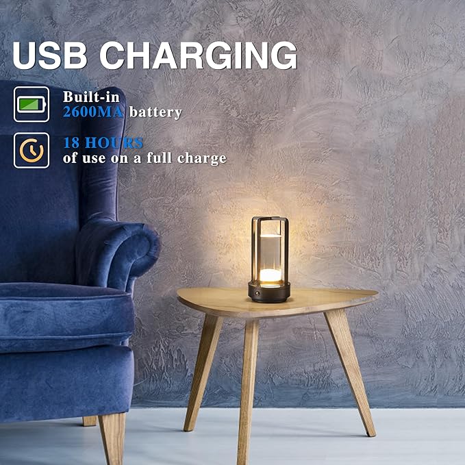 Anxingtools Portable Metal Table Lamp, Cordless Table Lamp, Rechargeable Battery Powered Portable LED Desk Lamp, 3 Color Stepless Dimming Touch, for Bedroom Restaurant Home Outdoor (Grey)