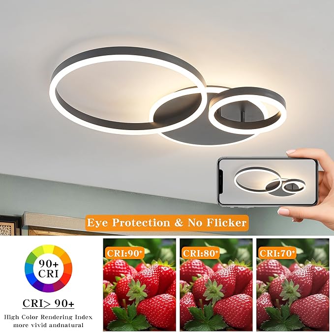 O'NEELDY Modern Dimmable LED Flush Mount Ceiling Light Remote Control Acrylic Ring Chandelier, 48W 3000K-6000K Adjustable, Black Fixture for Bedroom, Living Room, Dining Room, Kitchen and Hallway