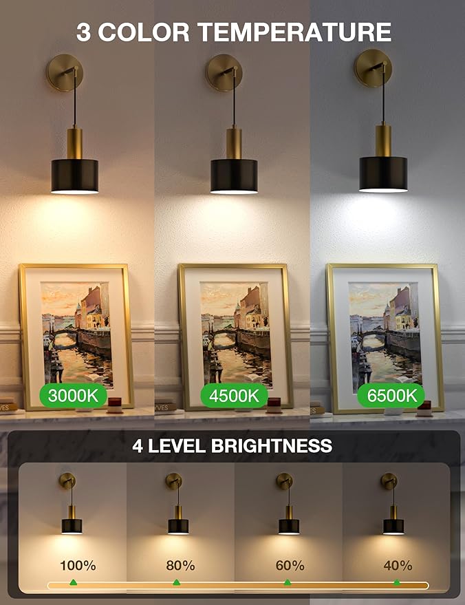 NIORSUN Battery Operated Wall Sconce Set of 2, Gold & Black Wireless Rechargeable Wall Lights with 5200mAh Dimmable Detachable Bulbs and Remote, 9 Colors Sconces Wall Decor for Bedroom Living Room