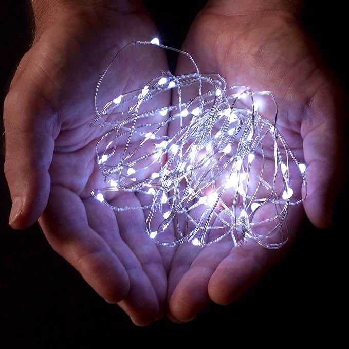 30 LED Wire Twinkle Fairy Lights, Battery Powered, Waterproof — Christmas, Holidays, Halloween, Wedding — Bedroom, Living Room — 9.5 Ft, Cool White, Indoor & Outdoor