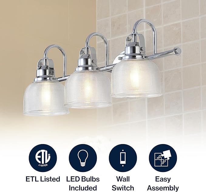 JONATHAN Y 25.25" Chrome Modern Bathroom Vanity Light, 3-Light LED Wall Sconce, Clear Glass Bell Shade for Mirror Hallway Kitchen, ETL Listed, LED Bulb Included (JYL7409A)