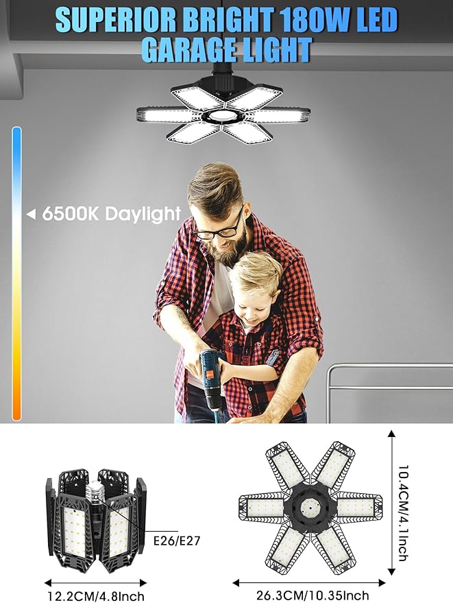 LED Garage Lights 4 Pack - 180W 18000LM Garage Ceiling Lights 6500K Daylight with 6 Adjustable Panels, Screw in E26/E27 Bulb Socket Lighting for Shop Workshop Barn Basement
