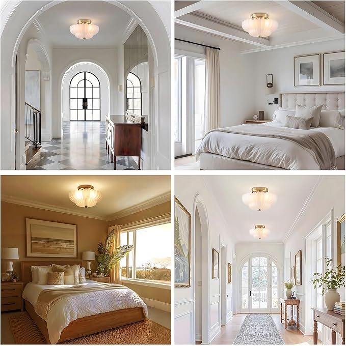 Milk Glass Flush Mount Ceiling Light - 11.6” Brass Semi Flush Mount Ceiling Light Fixture with Milk Glass，Mid Century Close to Ceiling Light for Bedroom, Living Room, Hallway, Entryway
