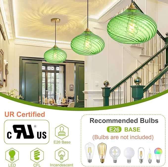 Glass Pendant Lights Kitchen Island, Gold Pendant Lighting Fixtures, Modern Hanging Ceiling Light with 11'' Striped Green Glass Shade for Farmhouse Dining Room Bedroom Hallway(1 Pack)