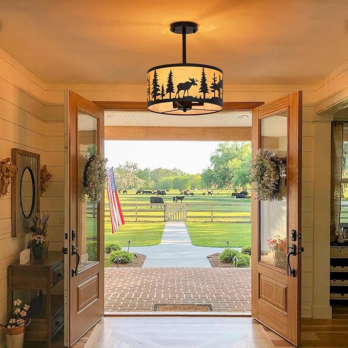 Rustic 3-Light Semi-Flush Mount Ceiling Light Fixtures, E12 Base Black Round Farmhouse Metal Light Fixtures for Kitchen, Hallway, Living Room, Industrial Style with Deer, Bear, Tree Design- Lampshade