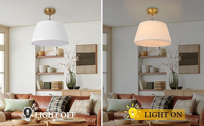 Electro bp; 15”Dia White Pleated Fabric Drum Shade Ceiling Light Fixture Farmhouse Brocade Linen Cone Shape Close to Semi-Flush Mount,Polished Gold,3 Sockets,E26,180W,Large;