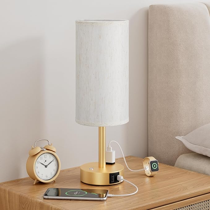 Touch Bedside Table Lamp with Memory - Stepless Dimmable Lamp for Bedroom, Small Nightstand Lamp with Dual USB Charging Ports and AC Outlet, Wood Night Light, Deak Lamp for Nursery (Cream & Gold)