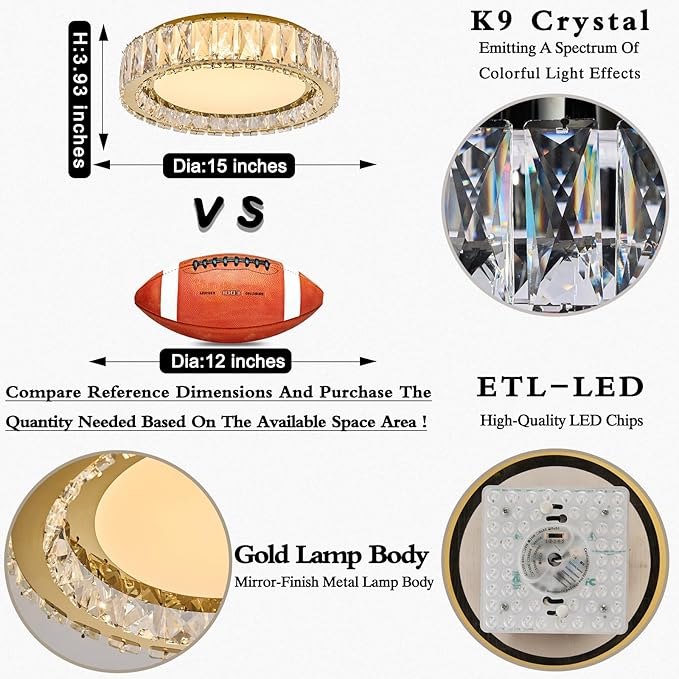 Crystal Dimmable Flush Mount Ceiling Light, Gold Modern LED Close to Ceiling Light Fixture with 5CCT 2700K-6000K, Round Kitchen Lighting for Bedroom Laundry Room, Hallway, Living room (15in 36W)