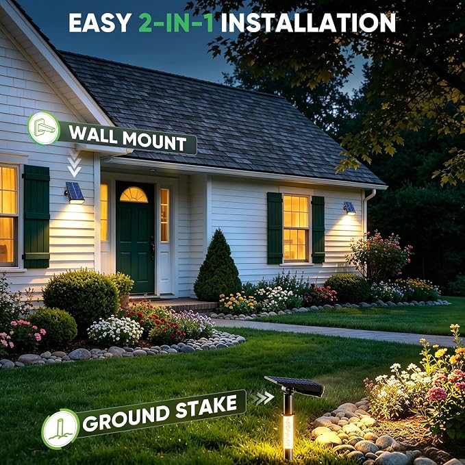 Solar Spot Lights Outdoor Waterproof IP65, 76 LED Solar Landscape Lights with Dual Lighting Design, Auto On/Off Solar Powered Outdoor Lights for Yard, Garden, Pathway, Warm White- 2 Pack