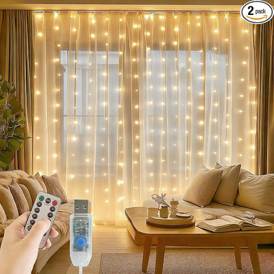 2 Pack Fairy Curtain Lights, 300 LED Upgraded Tangle-Free Hanging Lights with Remote, USB Plug in String Lights for Wall Window Wedding Party Xmas Home Décor - 9.8 x 9.8 Ft, Warm White