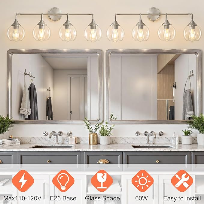 Bathroom Vanity Light with Clear Glass Shade, E26 Base 4-Light Bathroom Light Fixtures Over Mirror, 31 Inch Vanity Lights for Bath (Exclude E26 Bulb)