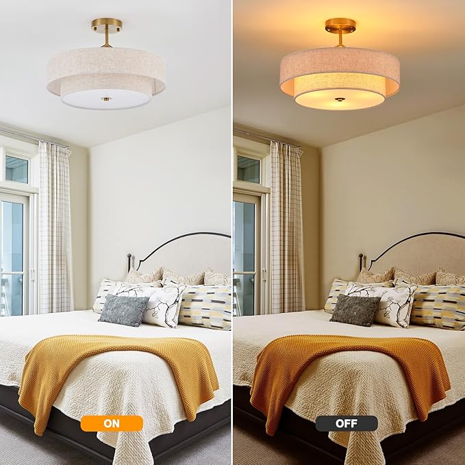 Semi Flush Mount Ceiling Light, 18" Gold Drum Ceiling Light Fixture, 3-Light with 2-Tier Beige Linen Fabric Shade, Modern Farmhouse Close to Ceiling Light for Bedroom, Kitchen, Hallway