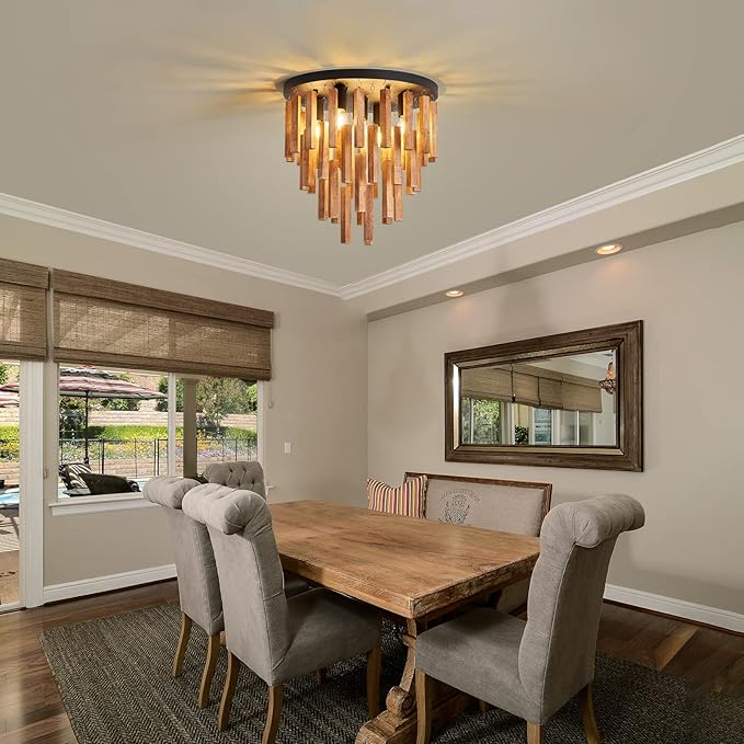 5-Light Semi Flush Mount Ceiling Light Fixture Rustic Wood Chandelier Retro Ceiling lamp Oak and Black with E26 for Farmhouse Kitchen Living Room Entryway Bedroom Dining Room Bathroom.