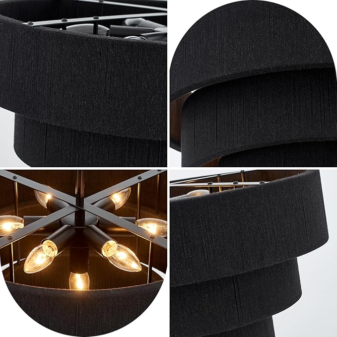 20” Boho Hand Woven Rattan Chandelier Modern 3 Round Adjustable Coastal Pendant Light for Kitchen Island Dining Living Room, Black, UL Listed