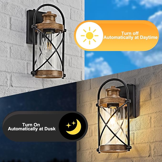 OKELI Dusk to Dawn Outdoor Wall Lights Fixtures, Waterproof Exterior Lighting Fixtures with Photocell Sensor,Vintage Faux Wood Grain Metal Cage Lantern Outside Lights for Porch Patio House Garage