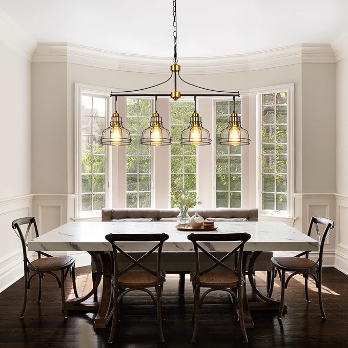 WILON Dining Room Lights, 4 Light Pendant Lighting for Kitchen Island Farmhouse Chandelier Dining Room Light Fixture, Rustic Chandelier Black Modern Pendant Lighting with Clear Glass Shades
