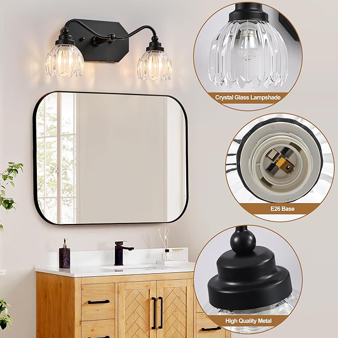 Vintage Bathroom Light Fixtures, 2 Light Bathroom Vanity Light, Black Matte Antique Brass Finish with Crystal Glass Shade, Mid Century Wall Sconces for Bedroom, Living Room, Hallway