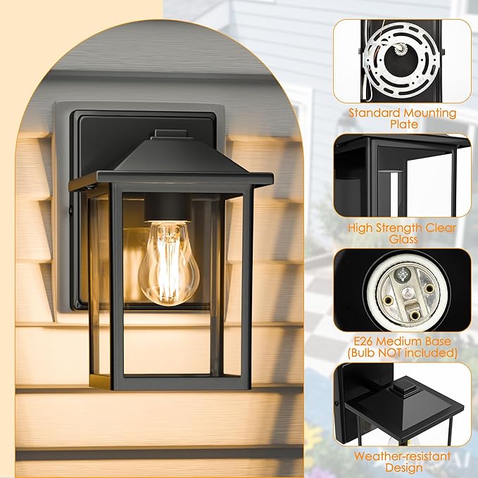 MATAMEYE Outdoor Wall Lantern, Exterior Waterproof Wall Sconce Light Fixture, Black Front Door Mounted Lighting with Clear Glass, Anti-Rust Porch Lamp