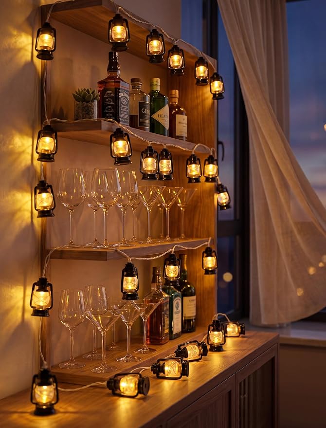 8.5Ft Black Mini Kerosene String Lights, Vintage Camping Lantern Lights Outdoor with 10 LED Oil Lamp Bulbs, Waterproof Connectable Plug in Fairy Lights for Patio RV Awning Bedroom Party Holiday Decor