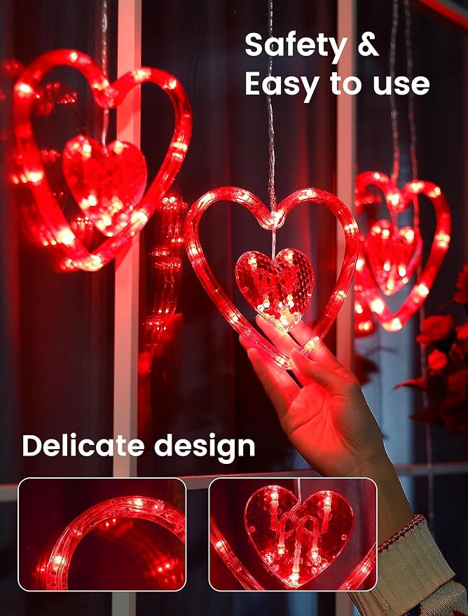 Valentines Day Window Lights,45LED Love Hearts String Lights for Bedroom,Timer Memory Hanging Curtain Light 8 Mode,USB/Battery Operate Valentines Light for Wedding Anniversaries Party(Red)