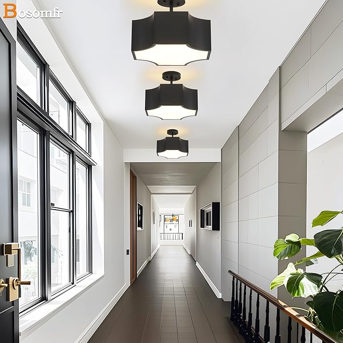Modern Black 3-Light Ceiling Light Fixture, 12.6'' Metal Industrial Semi Flush Mount Close to Ceiling Light, Farmhouse Light Fixtures Ceiling Mount, Geometry Chandelier for Kitchen, Hallway