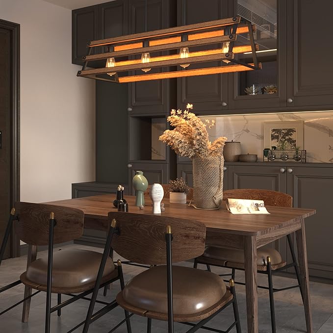 Inlight 34" Wide Farmhouse 4-Light Kitchen Island Pendant Light, Textured Black and Faux Painted Wood Finish, Rustic and Industrial Design Linear Chandelier for Dining Room, IN-0335-4-WD