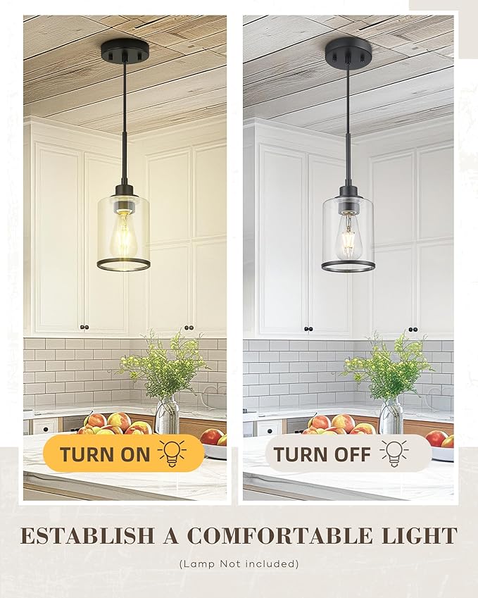 Beionxii Pendant Lights Kitchen Island, Modern Kitchen Pendant Lighting Over Island with Clear Glass, Matte Black Pendant Light Fixtures for Sink, Dining Room, Entryway, BX-PL02MB-CG