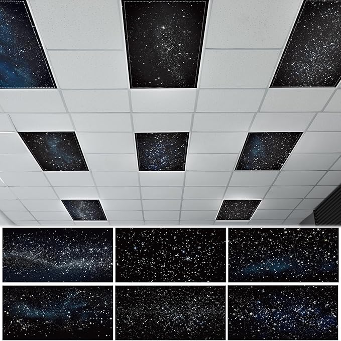 6 Pcs Fluorescent Light Covers with 60 Magnets Decorative for Classroom Ceiling Light 4 x 2 Feet Magnetic Light Covers Filter Easy Install for Office Hospitals & Home Drop Ceiling Supplies (Star)