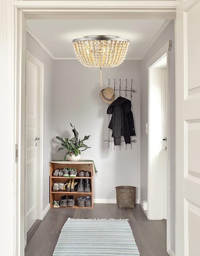 JONATHAN Y 15" Antique Silver/Cream Allison 3-Light LED Flush Mount Ceiling Light for Bedroom, Wood Beaded Shade Shabby Chic Farmhouse Rustic Decor, LED Bulbs Included (JYL9019C)