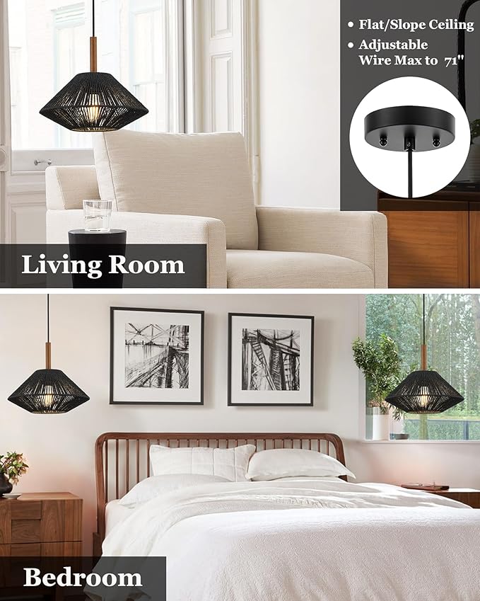 ELYONA 12.6" Modern Pendant Light Fixtures, Black Woven Pendant Light with Solid Ash Wood, Hanging Light for Kitchen Island, Farmhouse Boho Rattan Ceiling Light for Dining Room Bedroom Living Room