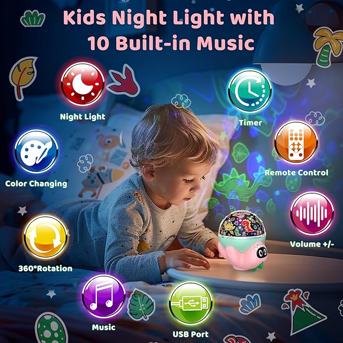 MOKOQI Dinosaur Night Light Projector for Kids Room, Boy Girl Dino Lamp with 10 Soothing Music& Timer, Remote Control, Colorful Projection Effect, High Brightness, Birthday Gifts for Infant Baby